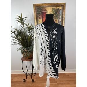 Women's Shirt Dress White Black Half Zip Music Notes Keys Print Novelty Quirky